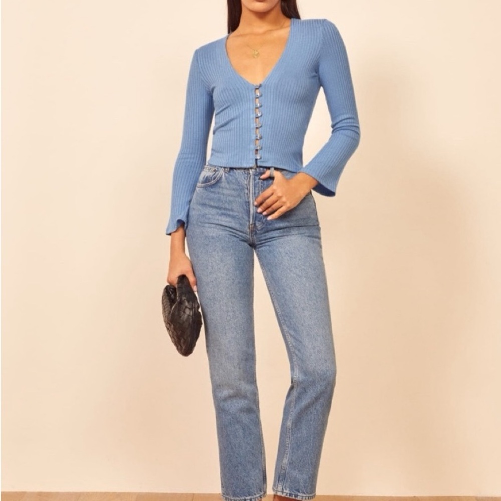 Reformation Blue Ribbed Button-Down Top - Picture 2 of 6